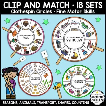 Preview of *BUNDLE* CLIP and MATCH 18 Clothespin Circles - Seasons, Animal, Shape, Counting