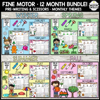 Preview of *BUNDLE* Fine Motor PK-K • Pre-Writing & Scissors Skills • 12 Month Themes