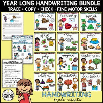 Preview of *BUNDLE* Jan-Dec • Handwriting Packets • Trace Copy Check • 12 Month Themes