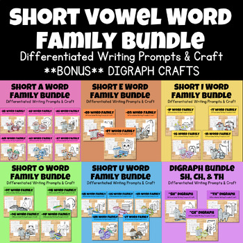 Preview of **BUNDLE** Short Vowel Word Family Phonics Writing Craftivity + Digraphs