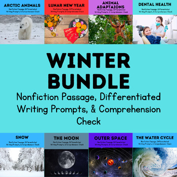 Preview of **BUNDLE** Winter Nonfiction Passage, Writing Prompts, and Comprehension Check