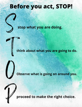 Preview of 'Before You Act, STOP' Visual Classroom Poster (Stop, Think, Observe, Proceed)