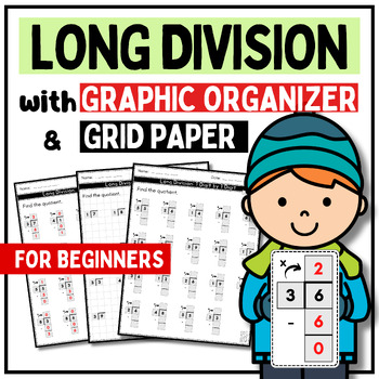 Preview of ❤️ Beginner Long division practice worksheets 1 digit + graphic organizer & Grid