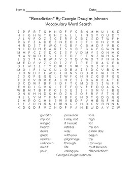 Preview of "Benediction" by Georgia Douglas Johnson Vocabula Word Search and Poem