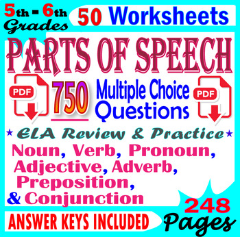 Preview of Parts of Speech Worksheets: Nouns, Verbs, Adjectives, Pronouns. 5th-6th ELA
