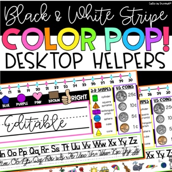 Preview of  Black & White Stripe Color POP! Name Plates & Desk Helpers PRIMARY Grades