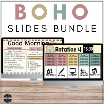 Preview of Boho Rainbow Classroom Decor | Daily Slides | Center Rotation Slides