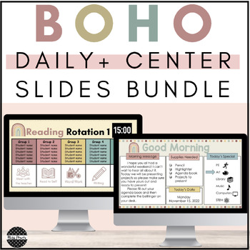 Preview of Boho Rainbow Classroom Decor | Daily Slides | Center Rotation Slides