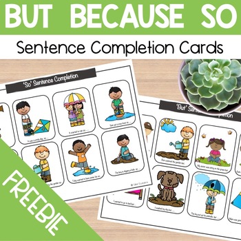 Preview of But Because So CONJUNCTION Sentence Completion Cards FREEBIE