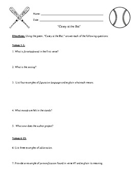 Preview of "Casey at the Bat" Questions Worksheet, Test, or Homework & Detailed Answer Key
