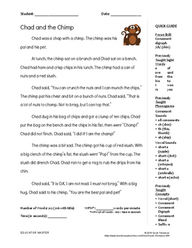 “Chad and the Chimp”: Orton Gillingham Level 1 Decodable Story (Focus ...