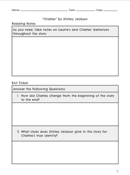 Preview of "Charles" by Shirley Jackson Activity Packet