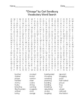 Preview of "Chicago" by Carl Sandburg Vocabulary Word Search and Poem