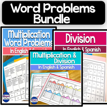 Preview of Multiplication and Division Word Problems Worksheets in English & Spanish