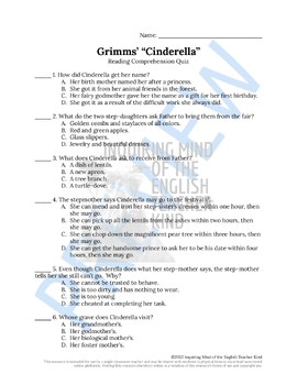 Cinderella By The Brothers Grimm Quiz, Close Reading, And Vocabulary Games, Short Story Cinderella