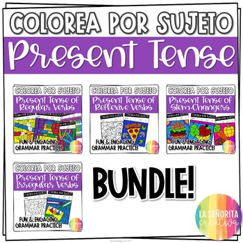 Preview of Present Tense Verbs Worksheet Bundle | Spanish verb coloring activity | Colorea