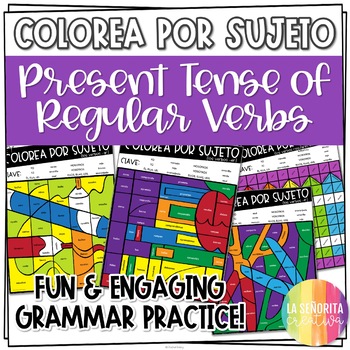 Preview of Present Tense Regular Verb Worksheets | Spanish verb coloring activity | Colorea