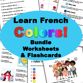 Preview of "Colors" Learn French - Printable 5 pg Worksheet/study guide & Flashcards BUNDLE