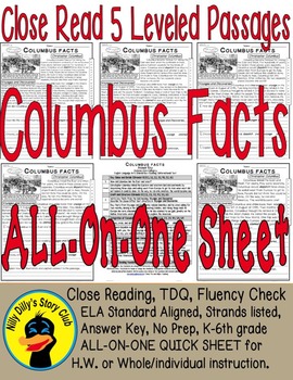 Preview of "Columbus Facts" Close Read 5 Level Passages ALL-ON-ONE SHEET Informational Text