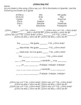 Preview of ¿Cómo Soy Yo? Missing Lyric Spanish Adjectives Worksheet