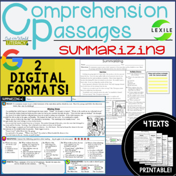 Preview of  Comprehension Passages - SUMMARIZING - 2 DIGITAL & PRINTABLE VERSIONS