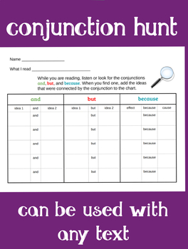 Preview of "Conjunction Hunt" Graphic Organizer for Finding And/But/Because in Any Text