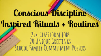 Preview of *Conscious Discipline Inspired Routines" Greetings, Classroom Jobs + Commitments