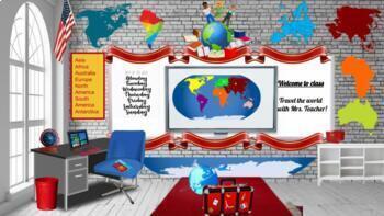Preview of  Continents of the World Bitmoji Virtual Classroom Template w/activities