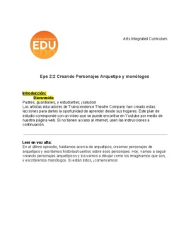 Preview of "Creando Personajes Arquetipo y monólogos" Grades 4 & 5 | Spanish Lesson Plan
