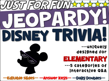 Preview of "DISNEY MOVIES" Elementary Jeopardy: handouts, reading & interactive slides