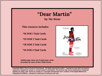 Preview of "Dear Martin" by Nic Stone DOK Levels 1-4 Task Cards