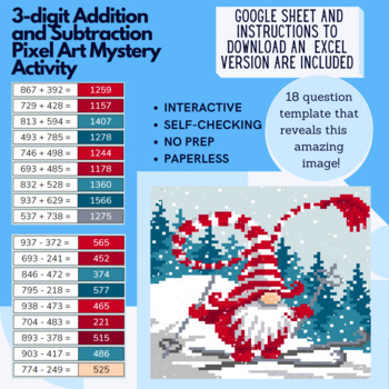 Preview of Digital Pixel Art - Skiing Gnome with GIFs 3-digit Addition and Subtraction