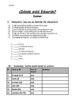 Preview of ¿Dónde está Eduardo? TEST (Open-Book) Reviewing Characters, Plot, and Vocabulary