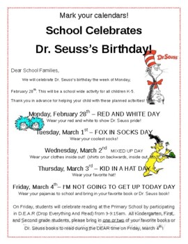 Preview of  Dr.Seuss's Week Flyer ( editable & fillable resource)
