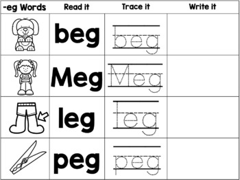 e cvc word family see read trace writebuild practice by chandler