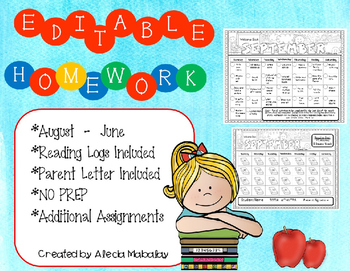 Preview of **EDITABLE** A School Year Supply of Homework Calendars (and Reading Logs)