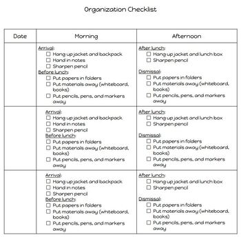 Preview of *EDITABLE FREEBIE* Organization Checklist for Student or Teacher Use
