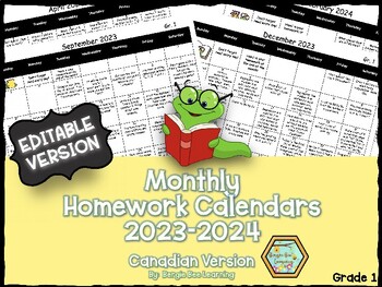 Preview of **EDITABLE** Grade 1 Homework Calendars - 2023-2024-  New!