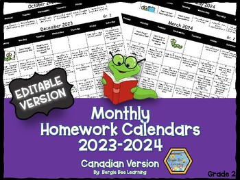 Preview of **EDITABLE** Grade 2 Homework Calendars - 2023-2024-  New!