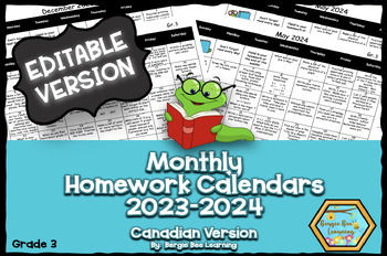 Preview of **EDITABLE** Grade 3 Homework Calendars - 2023-2024-  New!
