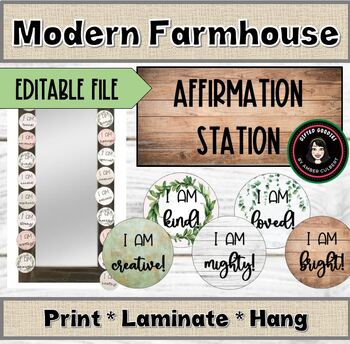 Preview of *EDITABLE* Positive Affirmation Station Mirror Cards |Modern Farmhouse Theme SEL