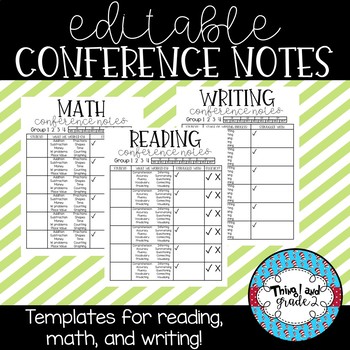 Preview of *EDITABLE* Reading, Math, and Writing Conference Notes Template