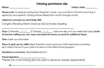 Preview of *EDITABLE Tutoring Permission Slip