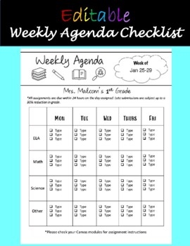 Preview of *EDITABLE* Weekly Agenda Checklist