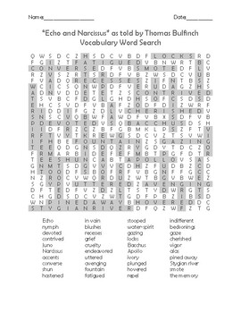 Echo and Narcissus as told by Thomas Bulfinch Vocabulary Word Search