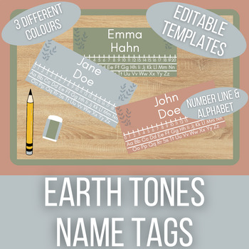 Preview of *Editable* Earth Tones Desk Name Tags | Number Line & Alphabet | Powerpoint