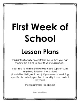 Preview of {Editable} First Week of School Lesson Plans