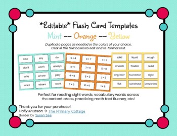 Preview of *Editable* Flashcard Templates: Mint, Orange, Yellow