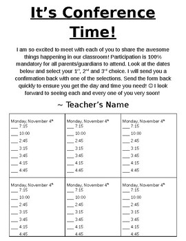 Preview of *Editable* Parent Conference Sign-Up Sheet WITH reminder sheet