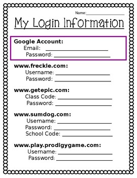 Preview of **Editable** Student Login and Password Information Sheet